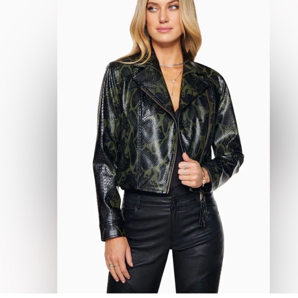 Ramy Brook Kane Embossed Leather NWT Jacket Black & Green Snake Print Sz XS